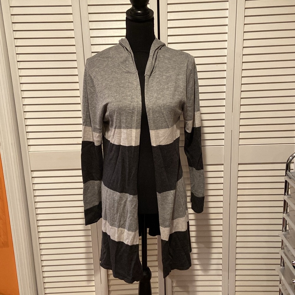 Gray Striped Long Sleeve Hooded Cardigan, Cupio, L